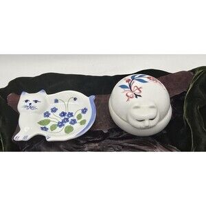 Elizabeth Arden Slumbering Porcelain Cat Box Japan / Kitty Trinket Dish Lot